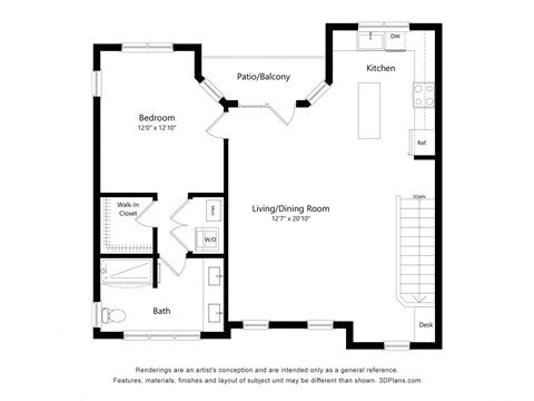 Floor plan for 1 bed, 1 bath, 1008 sqft